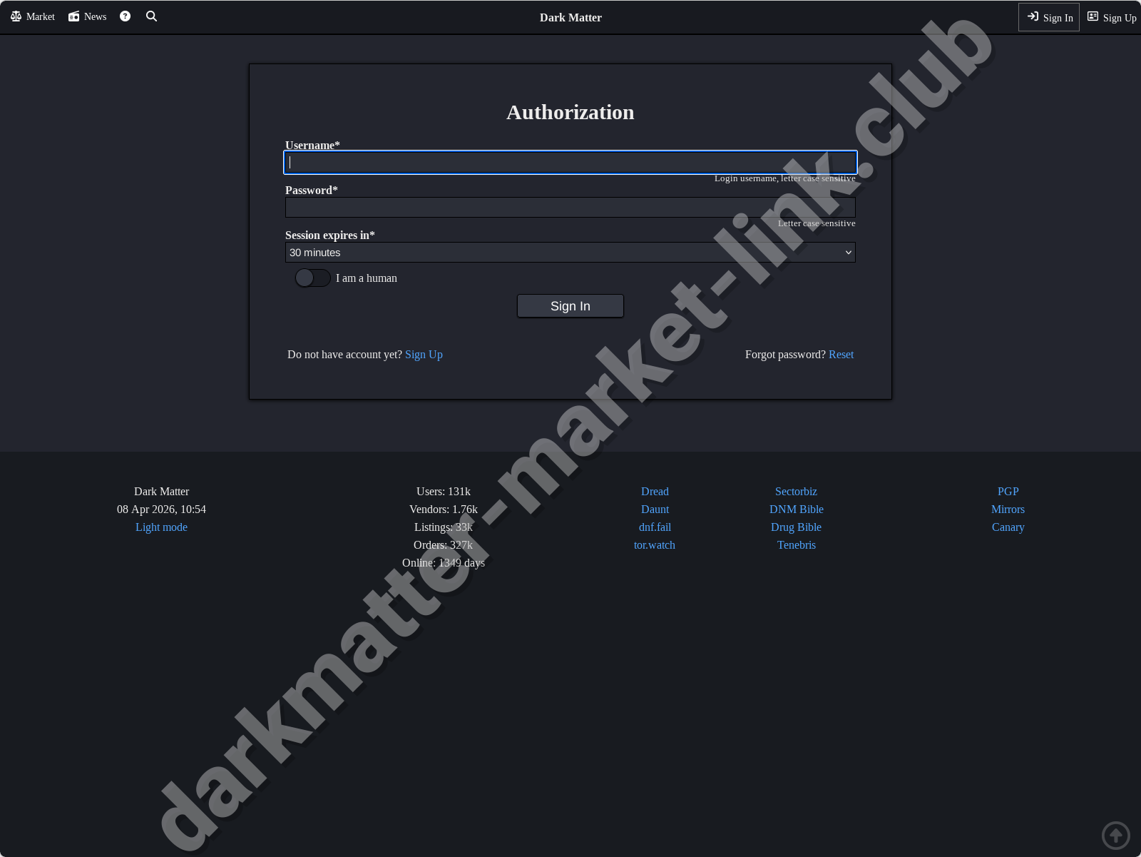 Login form of verified Dark Matter darknet market 2026